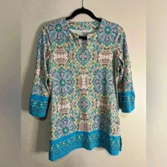 Coolibar St Lucia Tunic Top UPF 50+ 3/4 Sleeves XS Turquoise Peach White - Picture 1 of 6
